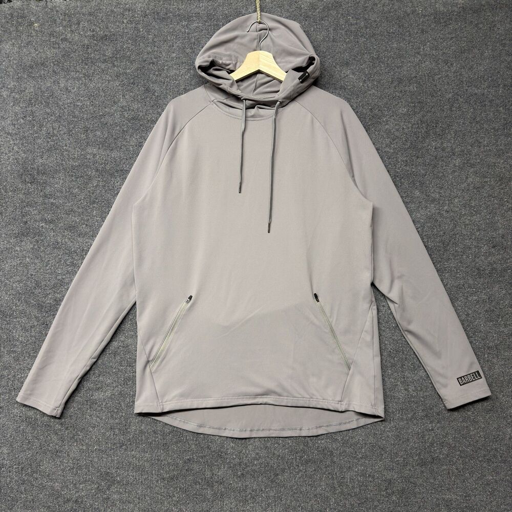 Barbell Hoodie Mens L Gray Lightweight Stretch Pullover Zip Pockets Gym Training